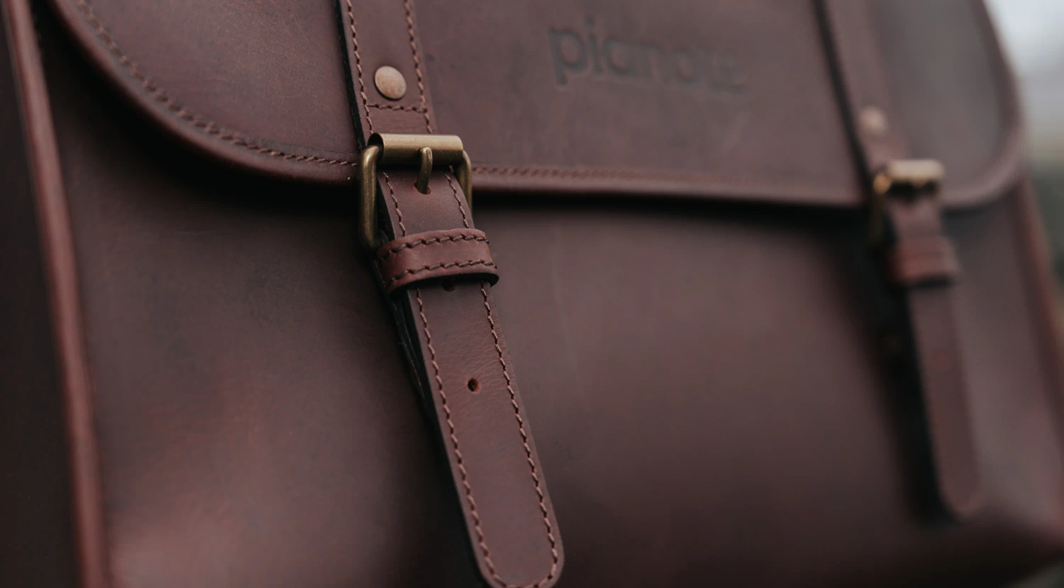 Front view of The Pianote BookBag, highlighting its premium leather construction that ages beautifully.