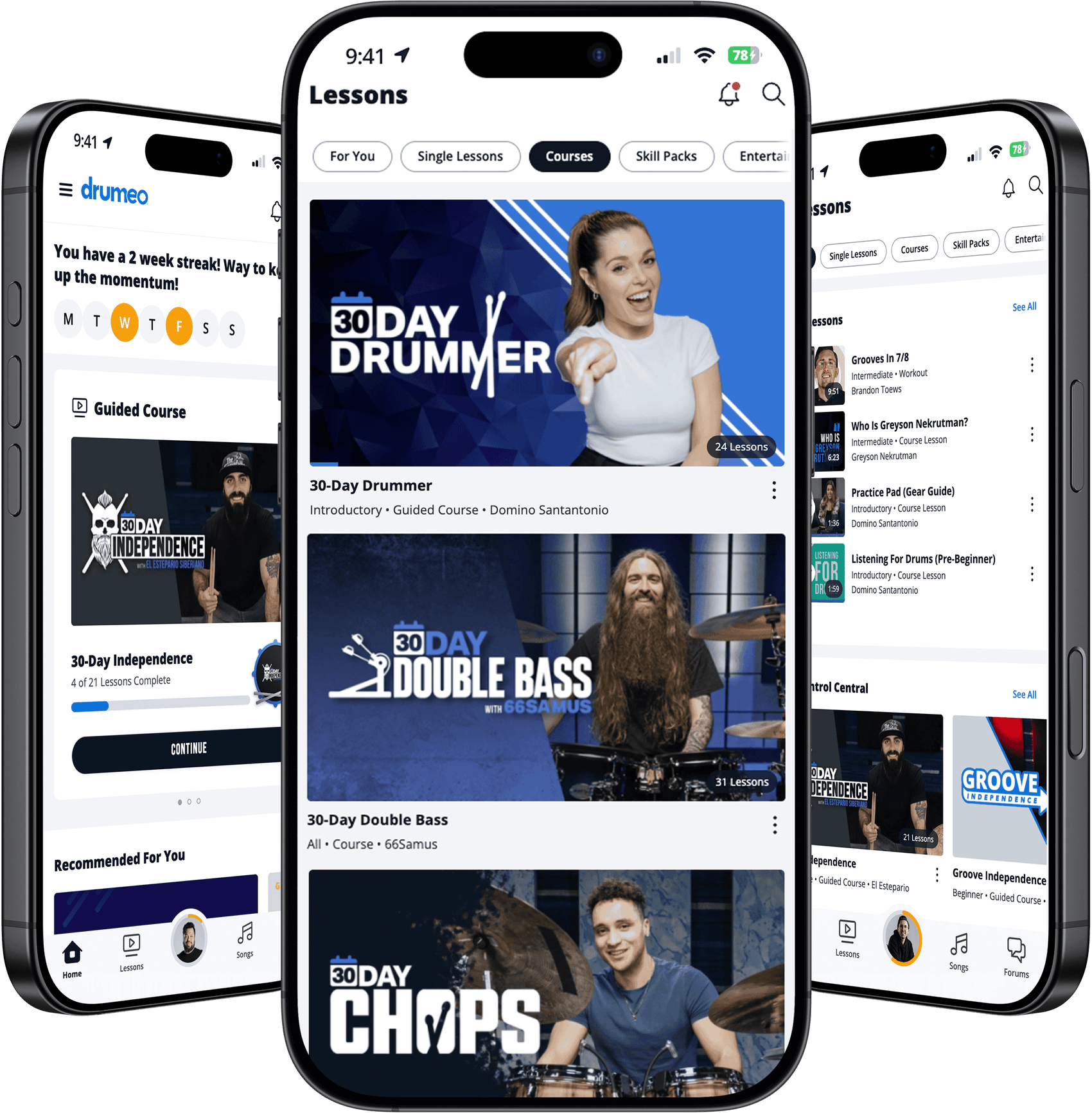 The Drumeo app on three phones