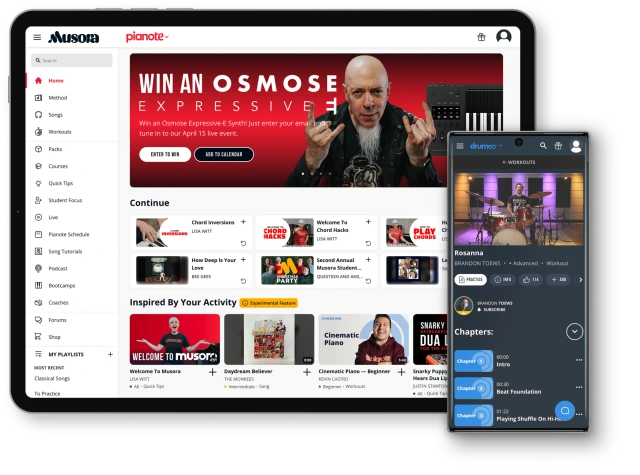 Screenshot of Musora app on tablet and mobile screens